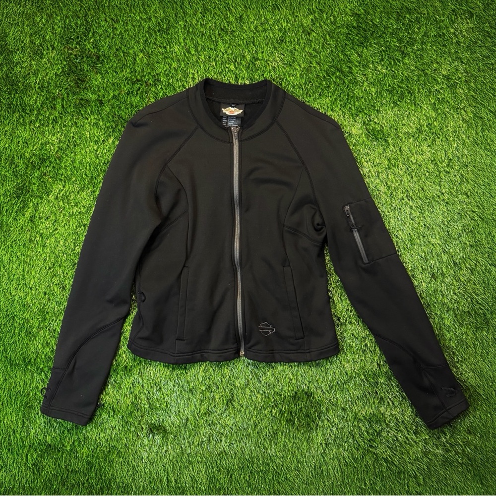 Y2K Harley Davidson Blank Logo Spell Out Full Zip Fit Raglan Stitch Biker Jacket